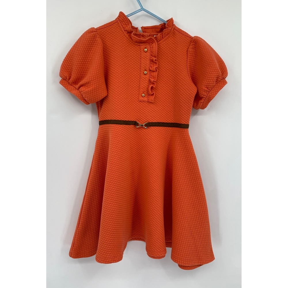 Janie and Jack Dress Girls 10 Orange Ruffle Puff Sleeve Belted A-Line Quilted